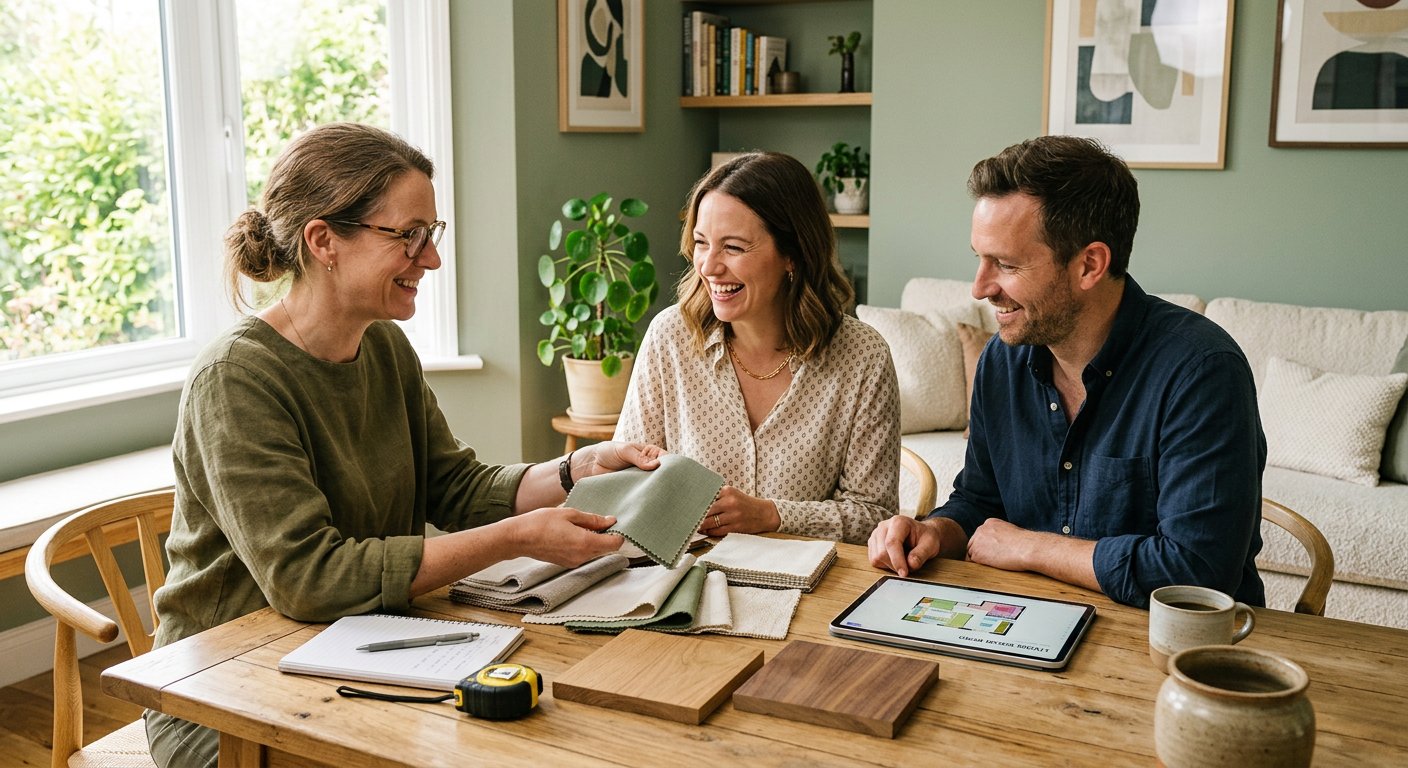 Green Home Yard designer reviewing material samples with homeowners