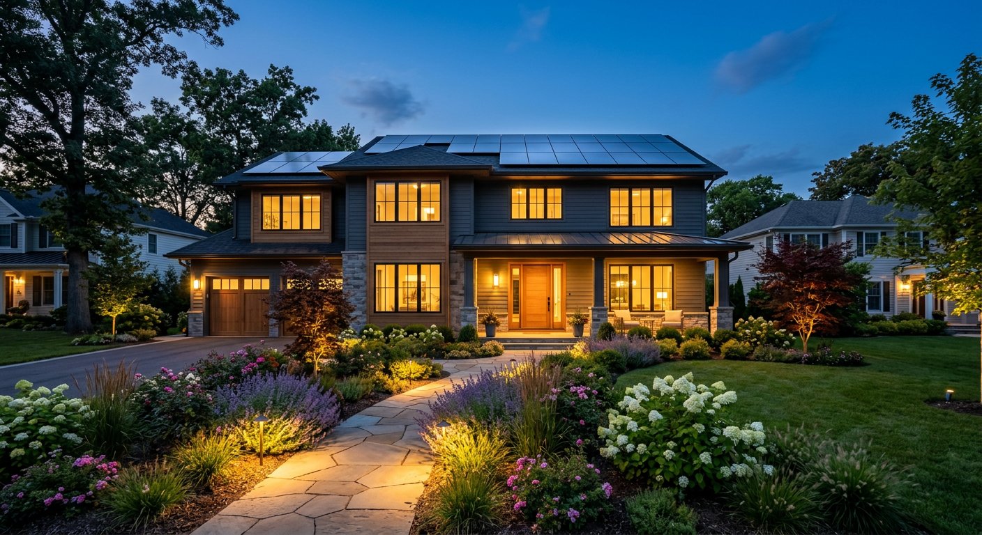 Renovated home at dusk with rooftop solar and garden path lighting