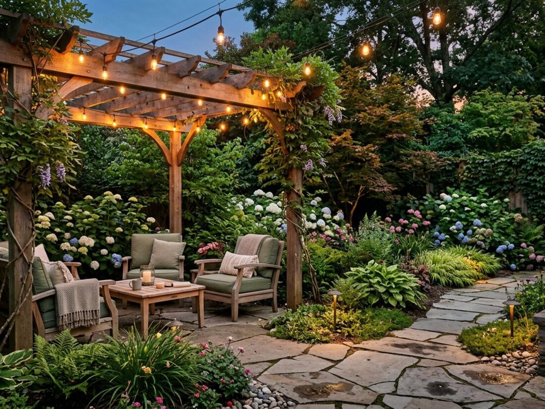 Evening backyard retreat with pergola, string lights and lush plantings