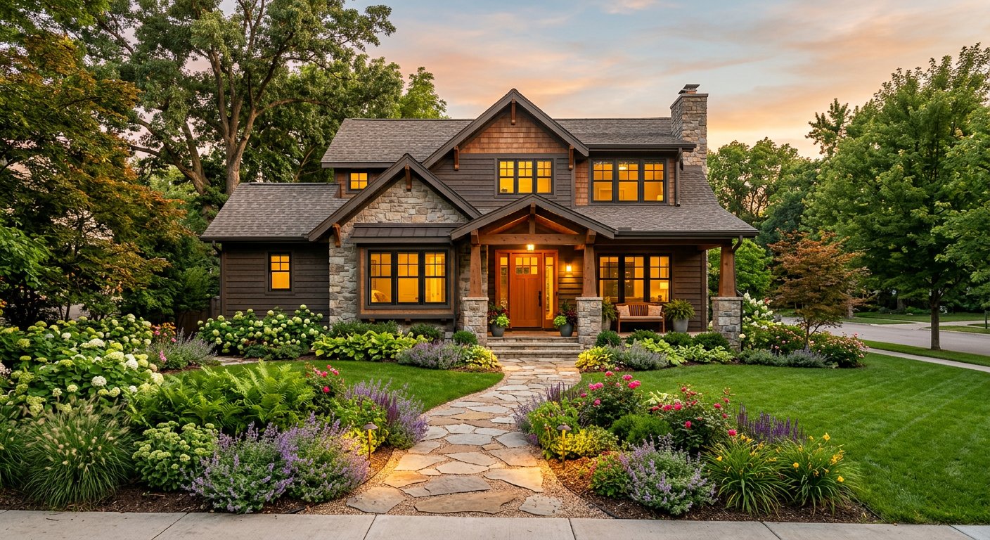 Renovated family home with a lush landscaped garden at golden hour